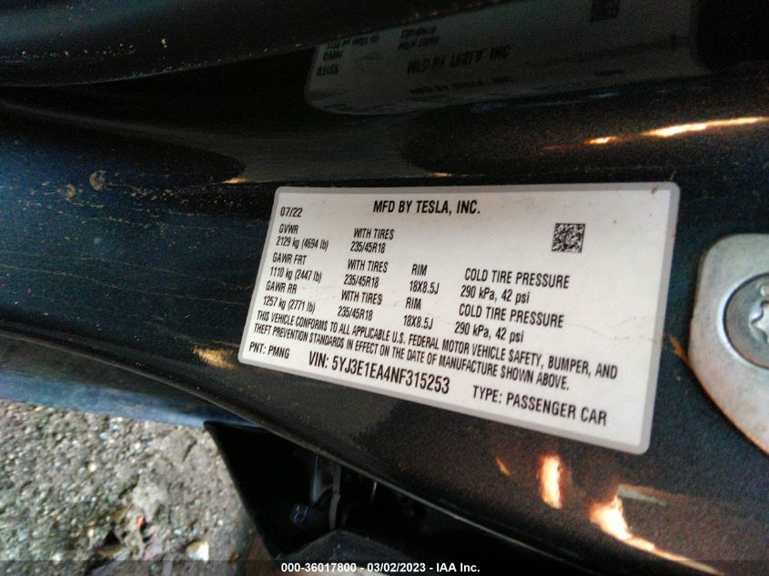 2022 TESLA MODEL 3 - 5YJ3E1EA4NF315253