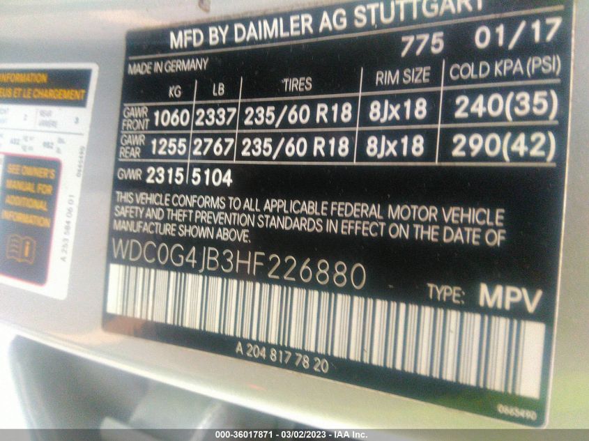 2017 MERCEDES-BENZ GLC GLC 300 - WDC0G4JB3HF226880