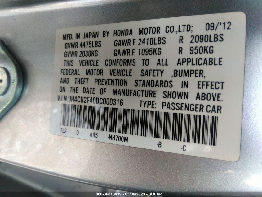 2013 ACURA TSX - JH4CU2F40DC000316