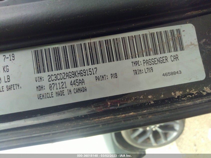 VIN 2C3CDZAG9KH691517 2019 DODGE CHALLENGER SXT