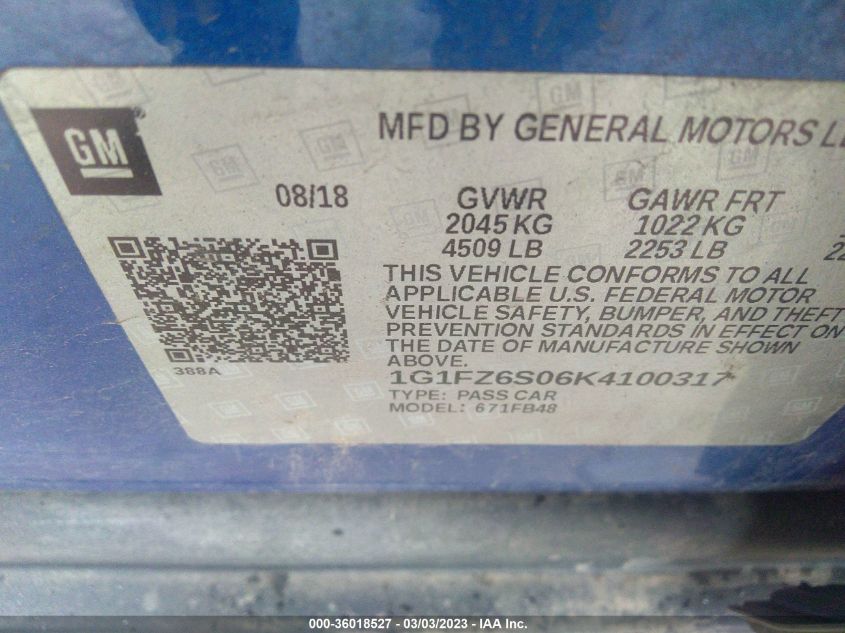 2019 CHEVROLET BOLT EV PREMIER 1G1FZ6S06K4100317