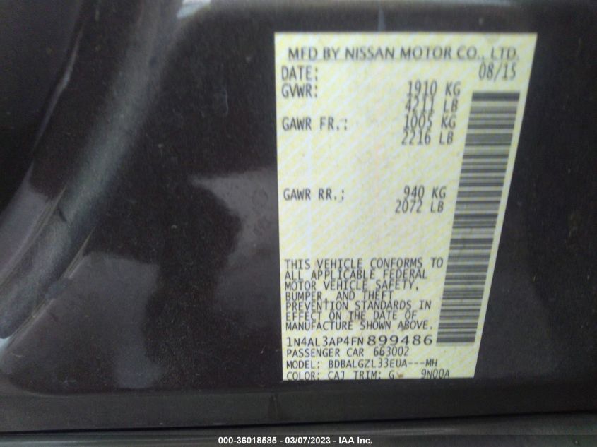 2015 NISSAN ALTIMA 2.5 S - 1N4AL3AP4FN899486