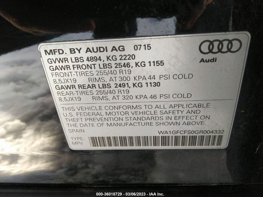 2016 AUDI Q3 PRESTIGE - WA1GFCFS0GR004332