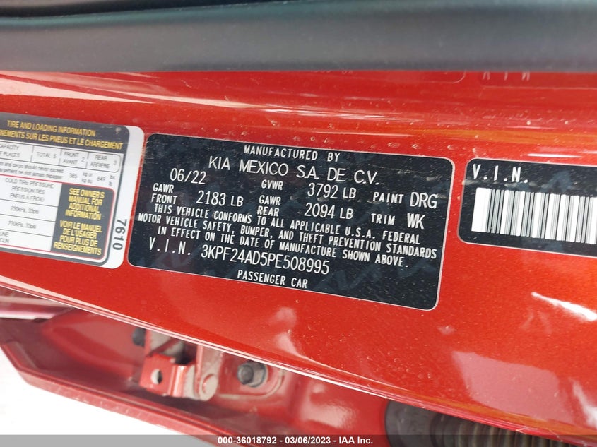 VIN 3KPF24AD5PE508995 2023 KIA FORTE LXS