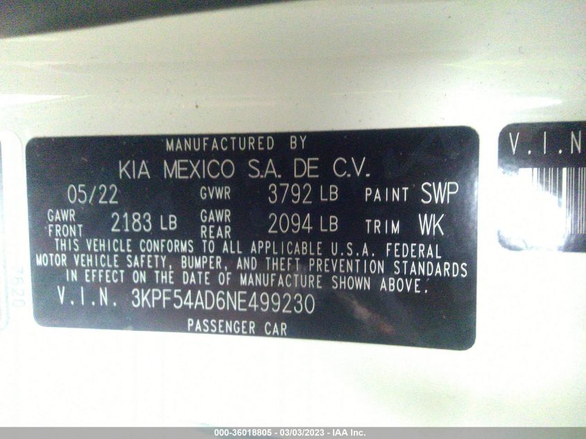 2022 KIA FORTE GT-LINE - 3KPF54AD6NE499230