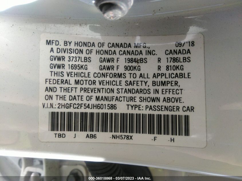2018 HONDA CIVIC SEDAN LX - 2HGFC2F54JH601586