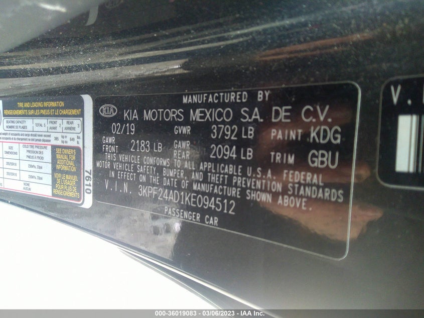 VIN 3KPF24AD1KE094512 2019 KIA FORTE LXS