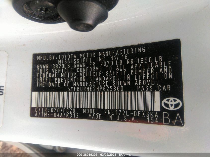 2017 TOYOTA COROLLA L/LE/XLE/SE - 5YFBURHE2HP625860