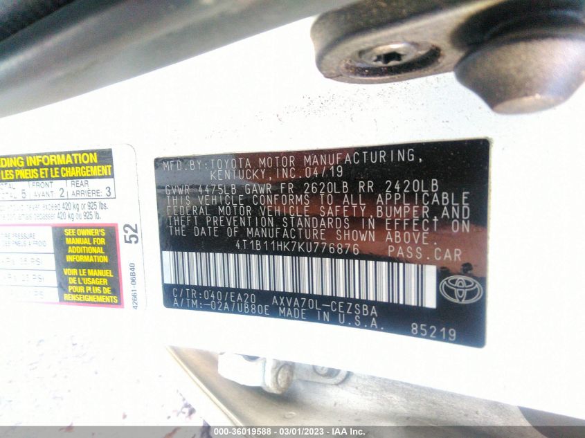 2019 TOYOTA CAMRY LE/SE/XLE/L - 4T1B11HK7KU776876