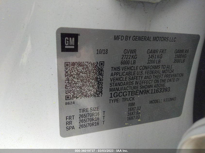 VIN 1GCGTBEN9K1163393 2019 CHEVROLET COLORADO 4WD WORK TRUCK