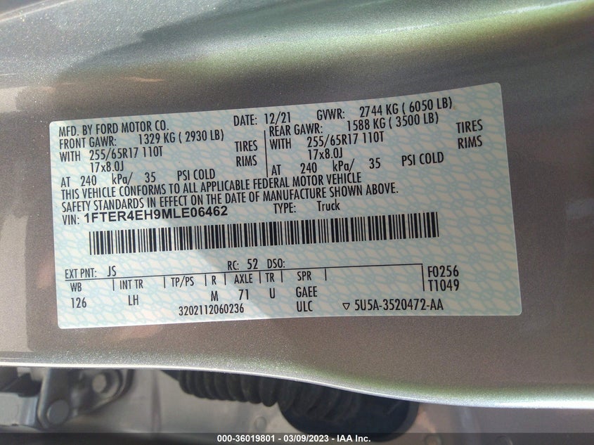 VIN 1FTER4EH9MLE06462 2021 FORD RANGER XL/XLT/LARIAT