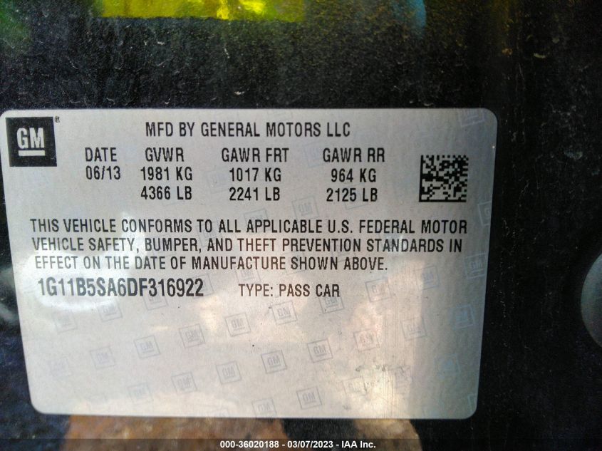 2013 CHEVROLET MALIBU LS - 1G11B5SA6DF316922