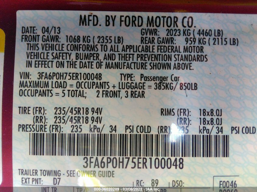 2014 FORD FUSION SE - 3FA6P0H75ER100048