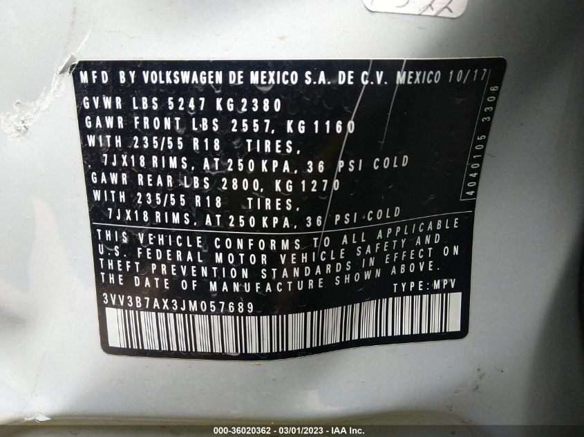 2018 VOLKSWAGEN TIGUAN SEL/SE - 3VV3B7AX3JM057689