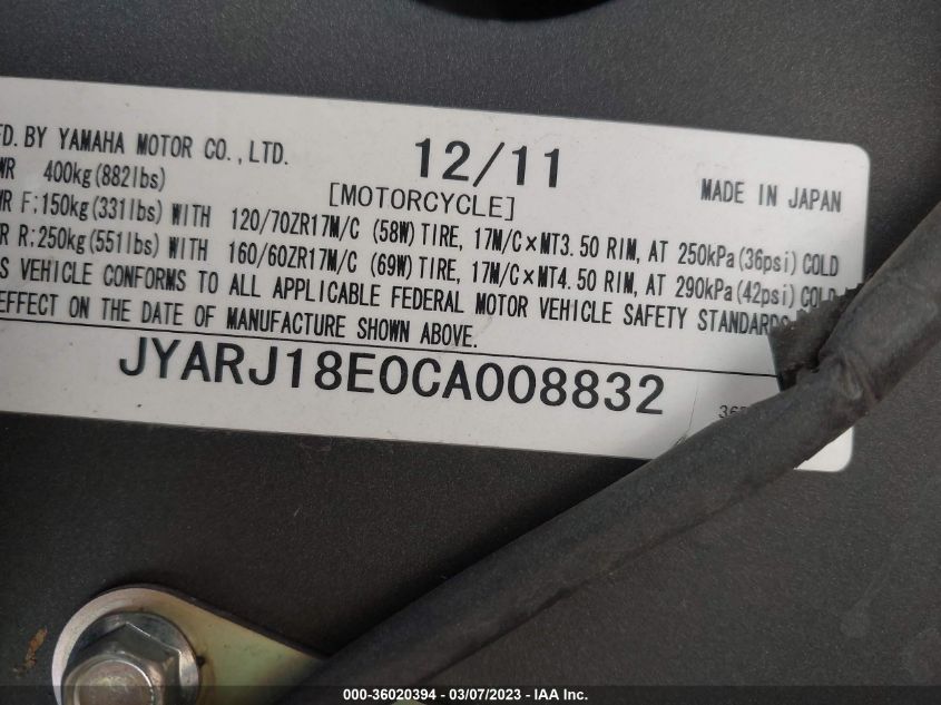 2012 YAMAHA FZ6 R - JYARJ18E0CA008832
