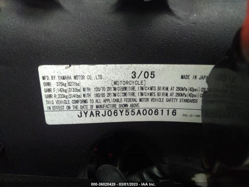 2005 YAMAHA YZFR6 L JYARJ06Y55A006116