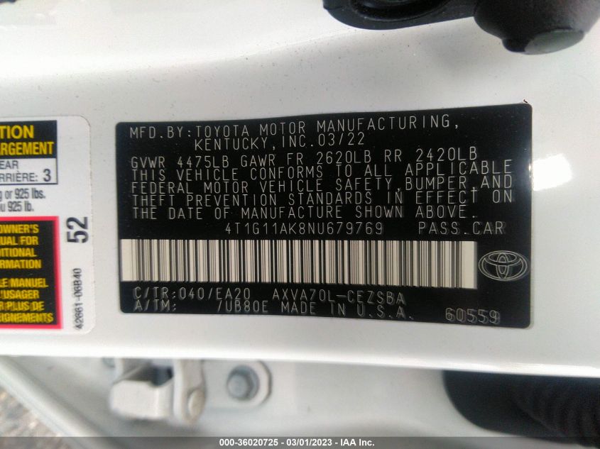 2022 TOYOTA CAMRY SE - 4T1G11AK8NU679769