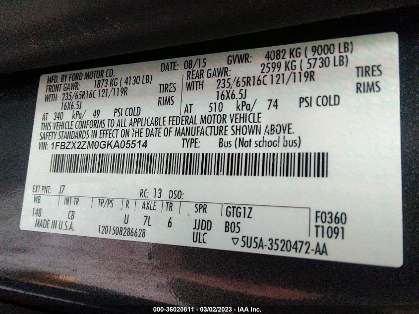 2016 FORD TRANSIT WAGON XL/XLT - 1FBZX2ZM0GKA05514