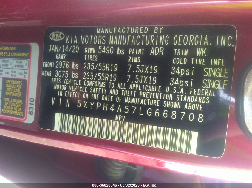 VIN 5XYPH4A57LG668708 2020 KIA SORENTO EX V6