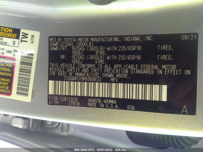 2021 TOYOTA HIGHLANDER HYBRID XLE - 5TDGBRCH9MS068833