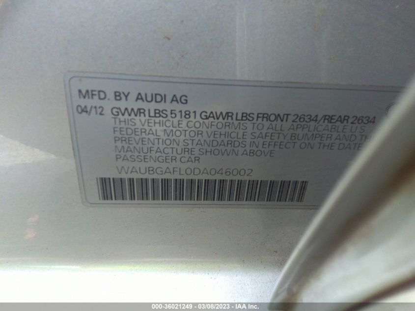 2013 AUDI S4 PREMIUM PLUS WAUBGAFL0DA046002