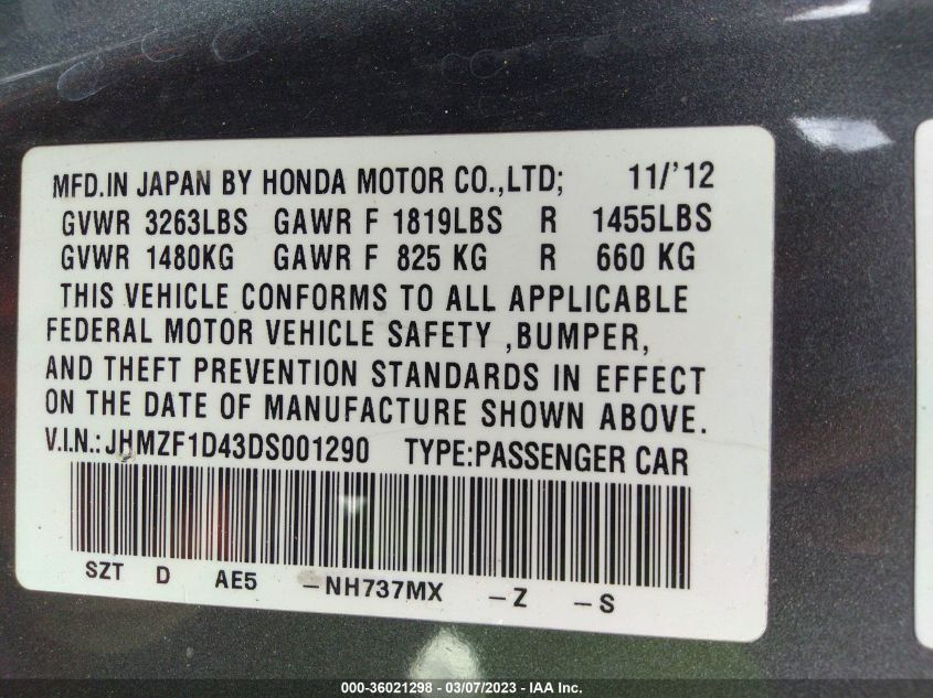 2013 HONDA CR-Z JHMZF1D43DS001290