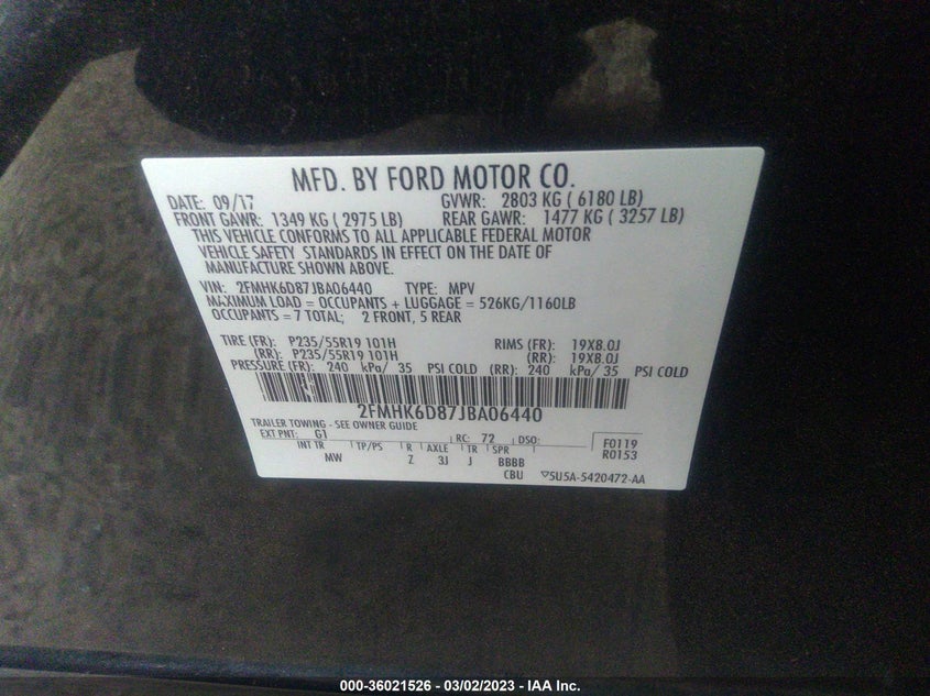VIN 2FMHK6D87JBA06440 2018 FORD FLEX LIMITED