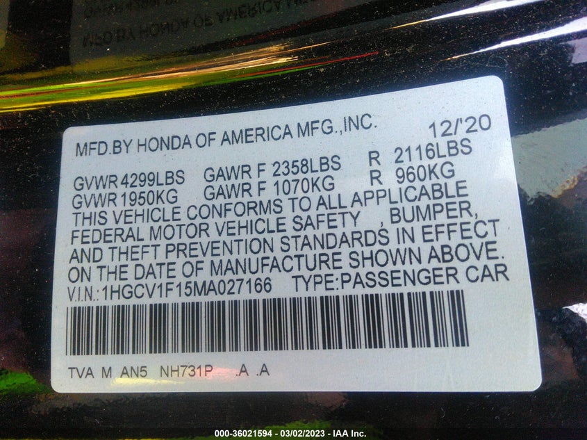 VIN 1HGCV1F15MA027166 2021 HONDA ACCORD SEDAN LX