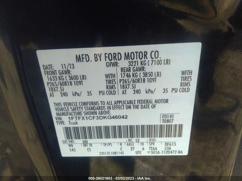 2013 FORD F-150 XL/STX/XLT/FX2/LARIAT - 1FTFX1CF3DKG46042