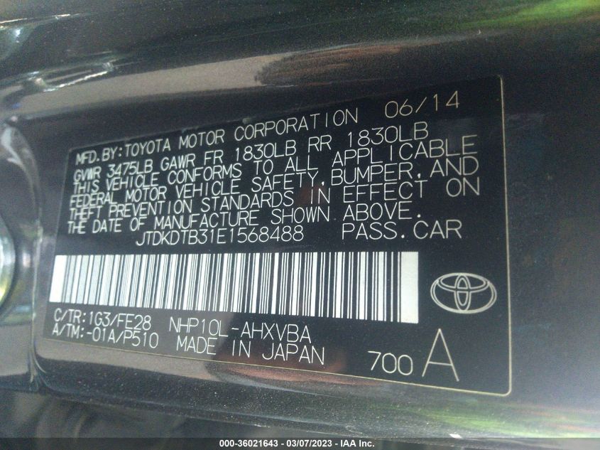 2014 TOYOTA PRIUS C ONE/THREE/TWO/FOUR - JTDKDTB31E1568488