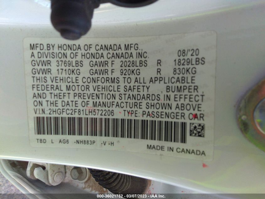 2020 HONDA CIVIC SEDAN SPORT - 2HGFC2F81LH572206
