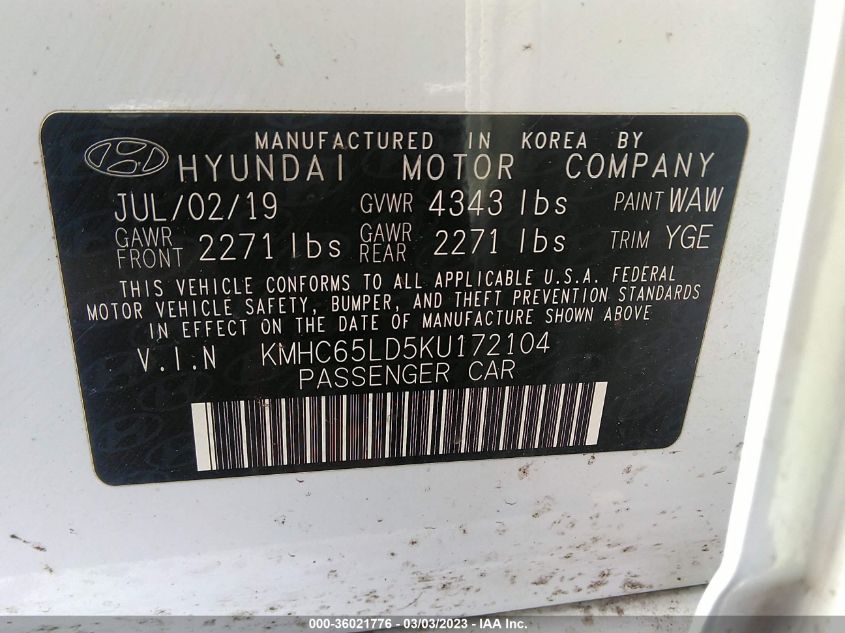 2019 HYUNDAI IONIQ PLUG-IN HYBRID - KMHC65LD5KU172104