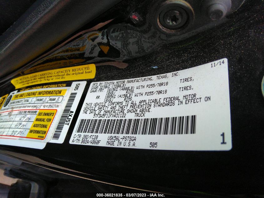 2015 TOYOTA TUNDRA 4WD TRUCK SR5/TRD PRO - 5TFDW5F11FX431122