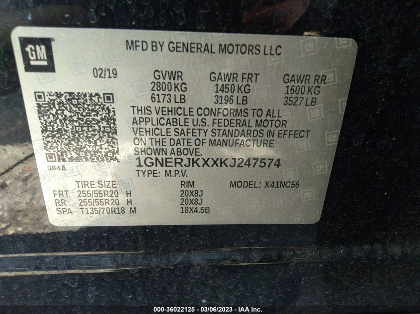 2019 CHEVROLET TRAVERSE RS - 1GNERJKXXKJ247574
