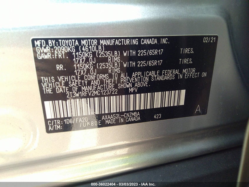 VIN 2T3W1RFV2MC123722 2021 TOYOTA RAV4 XLE