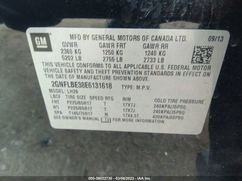2014 CHEVROLET EQUINOX LT - 2GNFLBE38E6131618