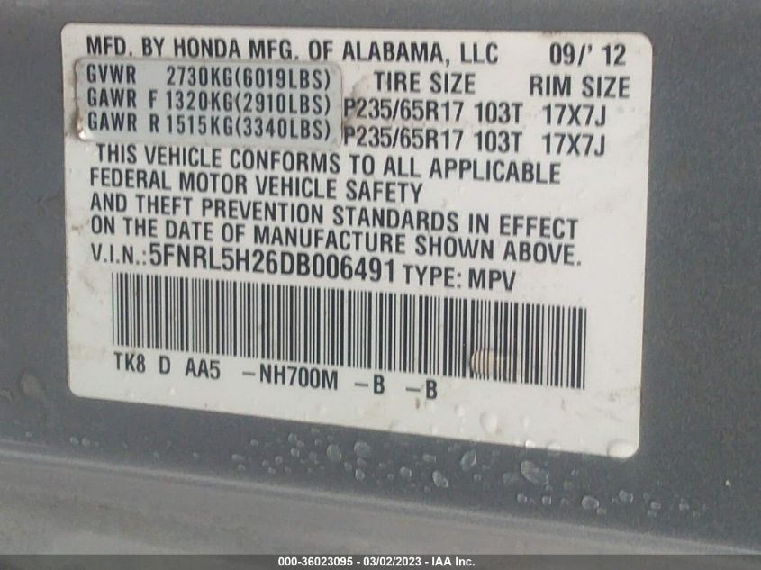 VIN 5FNRL5H26DB006491 2013 HONDA ODYSSEY no.9