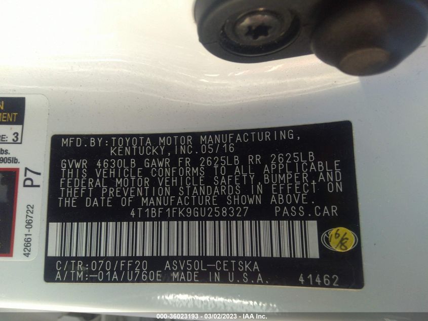 2016 TOYOTA CAMRY XLE/SE/LE/XSE - 4T1BF1FK9GU258327