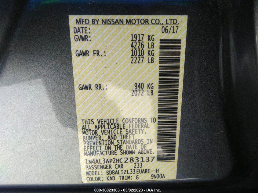 VIN 1N4AL3AP2HC283137 2017 NISSAN ALTIMA 2.5 SV