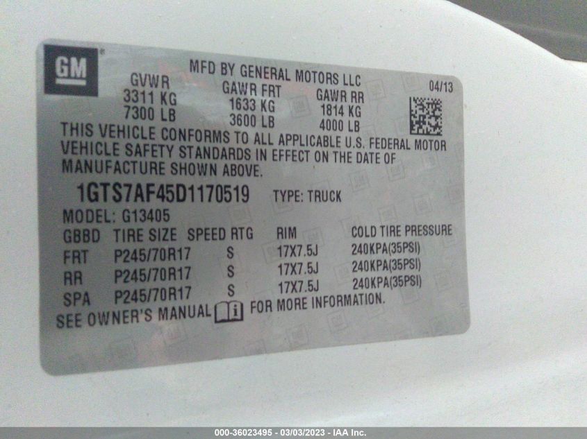 2013 GMC SAVANA CARGO VAN 1GTS7AF45D1170519