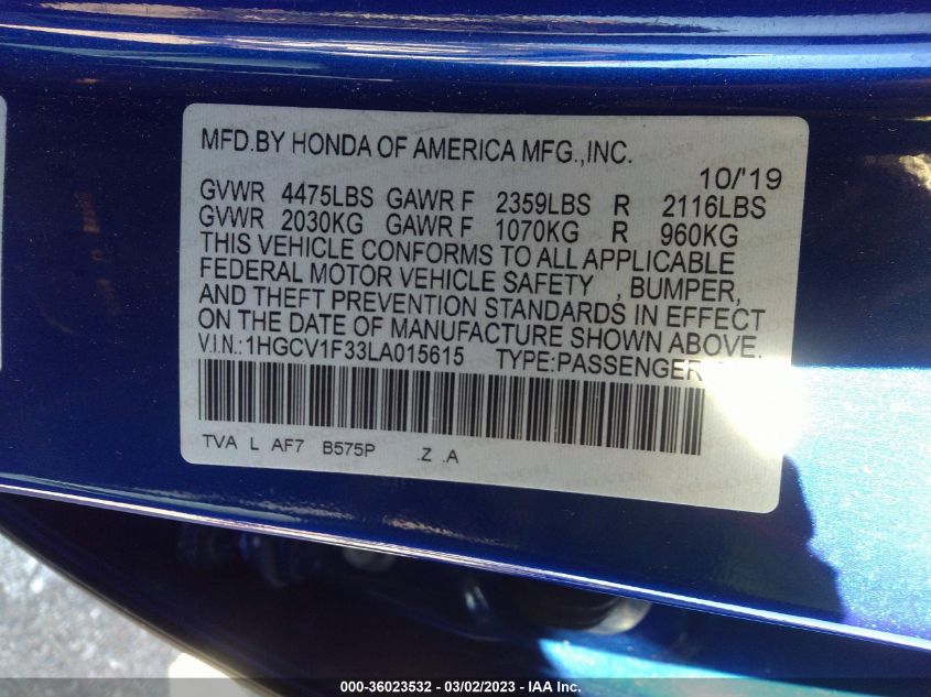 2020 HONDA ACCORD SEDAN SPORT - 1HGCV1F33LA015615