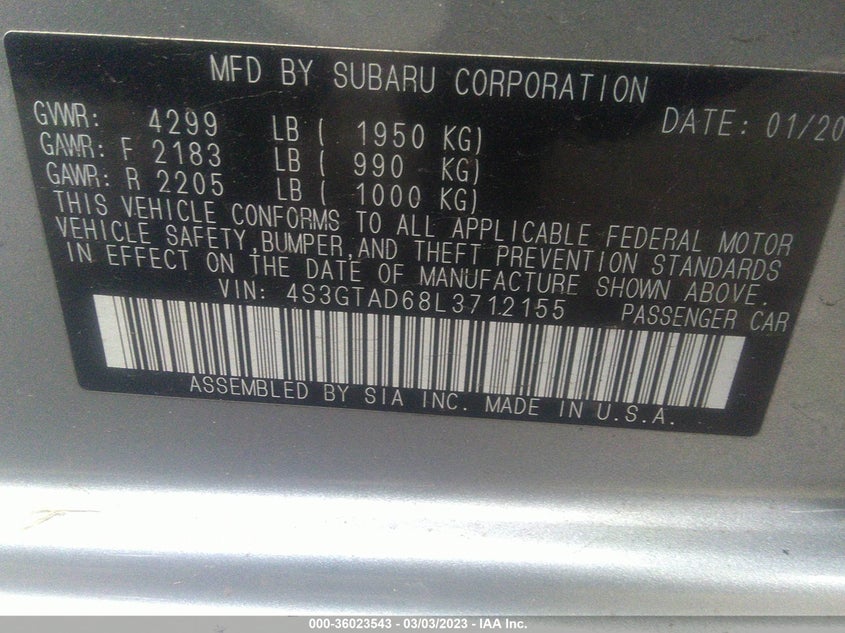 VIN 4S3GTAD68L3712155 2020 SUBARU IMPREZA PREMIUM