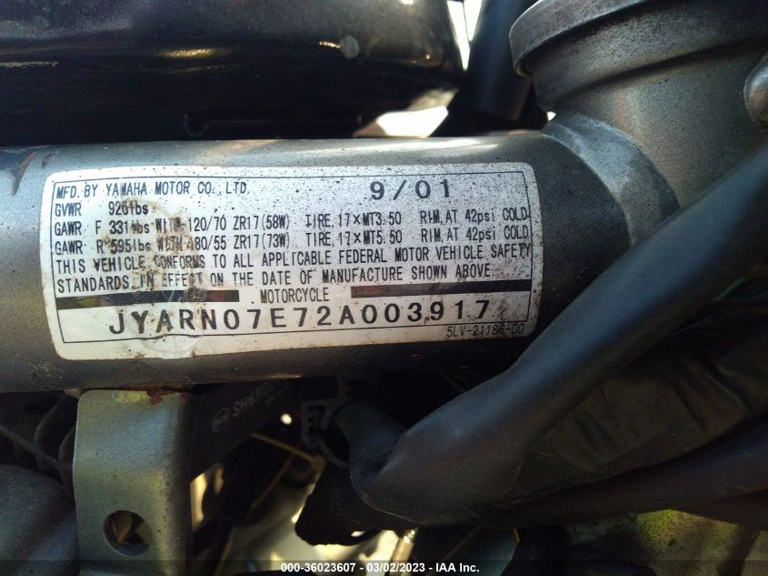 2002 YAMAHA FZS10 JYARN07E72A003917