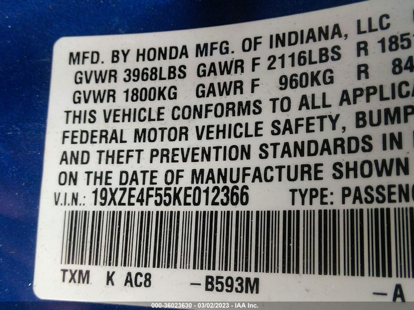 2019 HONDA INSIGHT EX - 19XZE4F55KE012366
