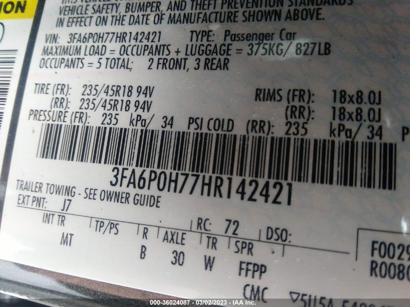 2017 FORD FUSION SE - 3FA6P0H77HR142421
