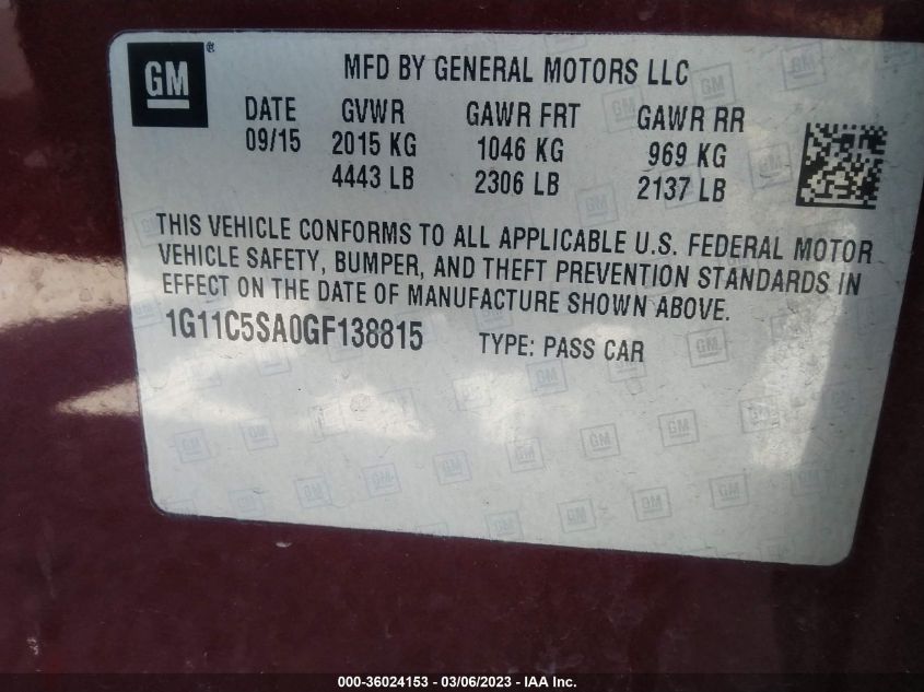 2016 CHEVROLET MALIBU LIMITED LT - 1G11C5SA0GF138815