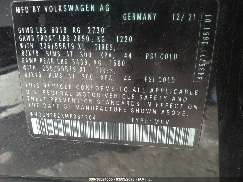 2021 VOLKSWAGEN ID.4 PRO S WVGGNPE2XMP064204