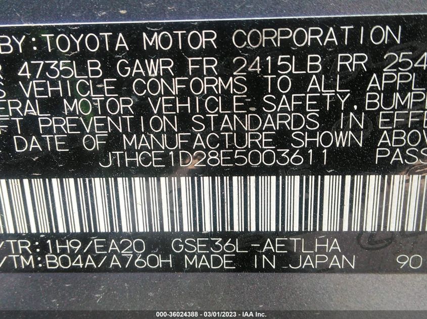 2014 LEXUS IS 350 JTHCE1D28E5003611