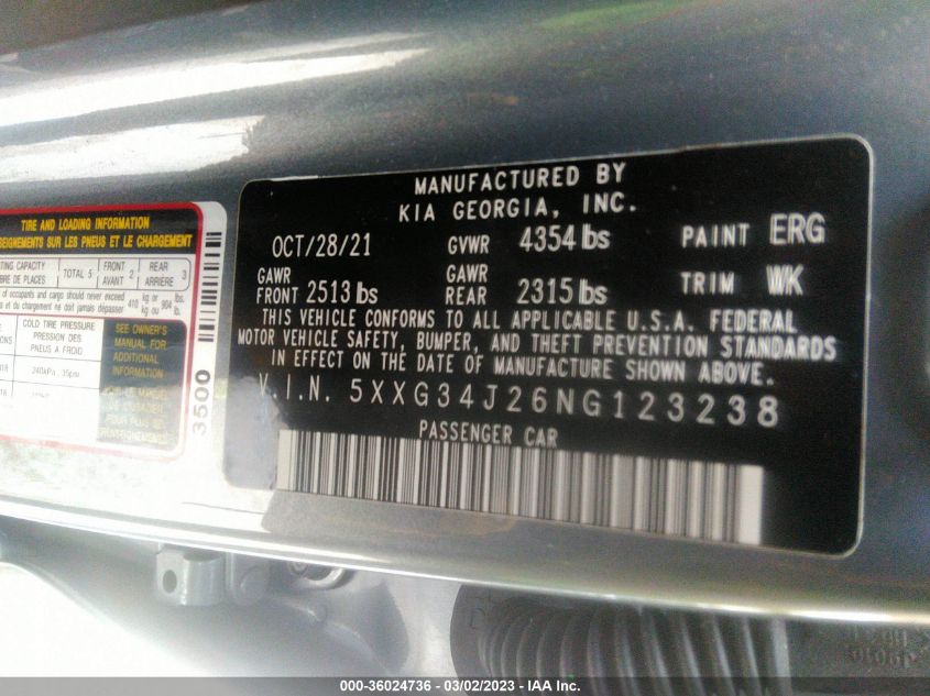 2022 KIA K5 EX - 5XXG34J26NG123238