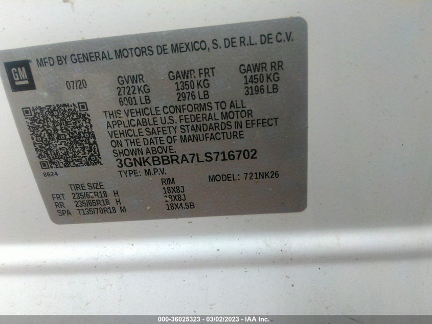 VIN 3GNKBBRA7LS716702 2020 CHEVROLET BLAZER LT